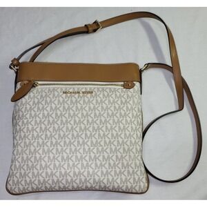 Michael Kors Women's Signature Crossbody Bag White Tan Leather Trim